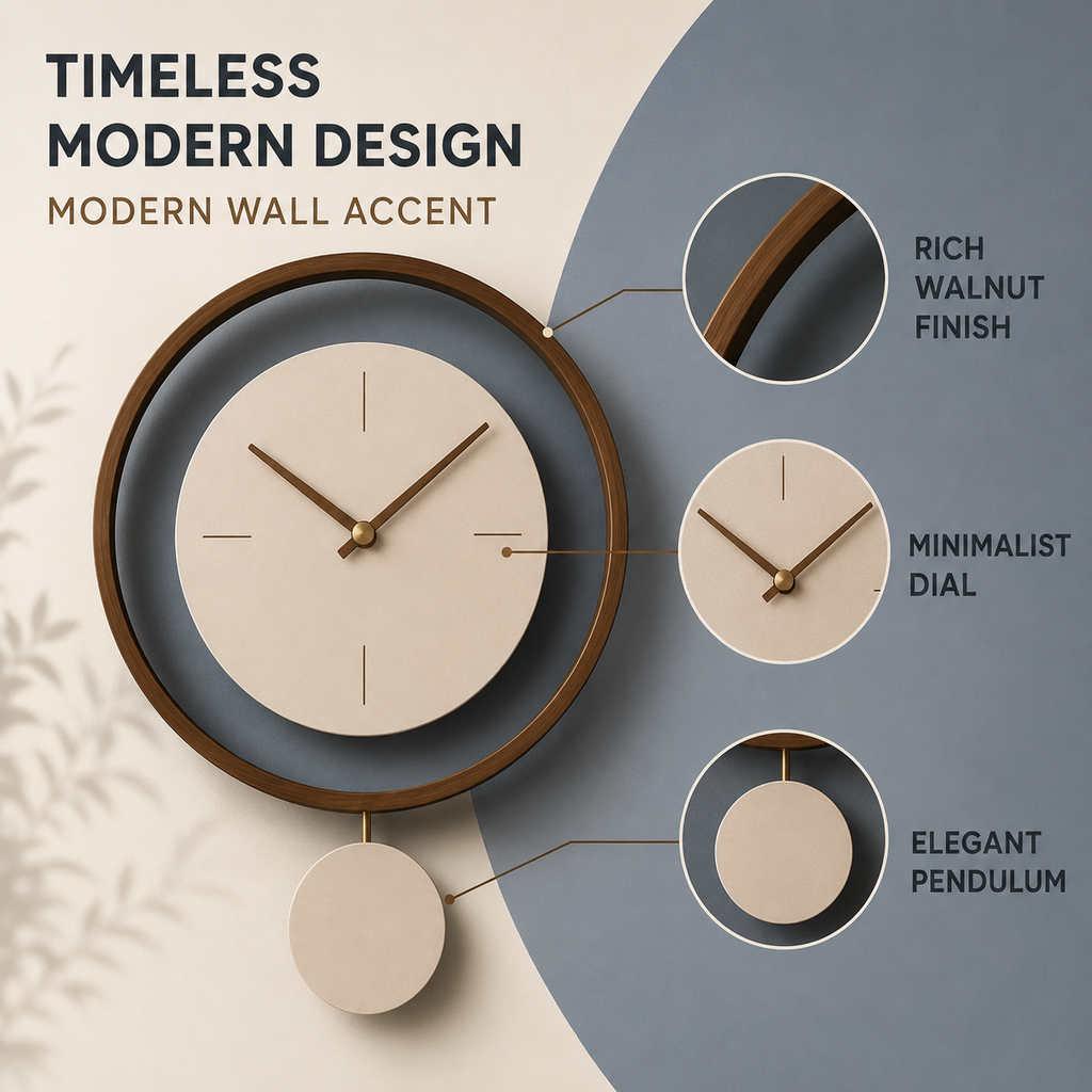 Walnut ring pendulum wall clock feature callout – rich walnut finish, minimalist dial, elegant pendulum