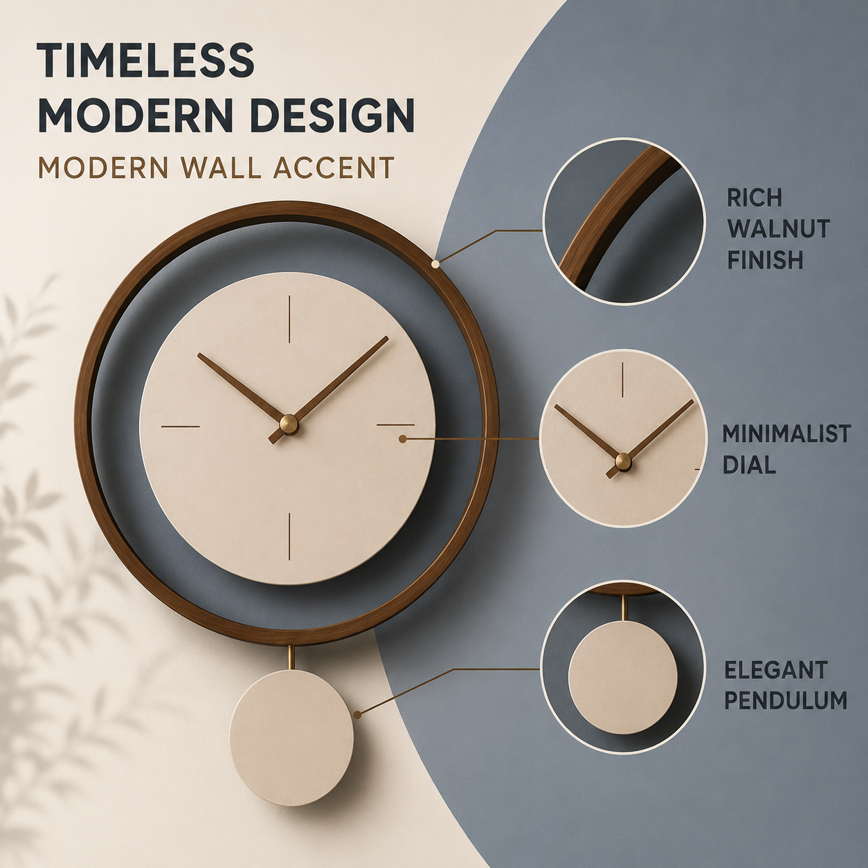 Walnut ring pendulum wall clock feature callout – rich walnut finish, minimalist dial, elegant pendulum