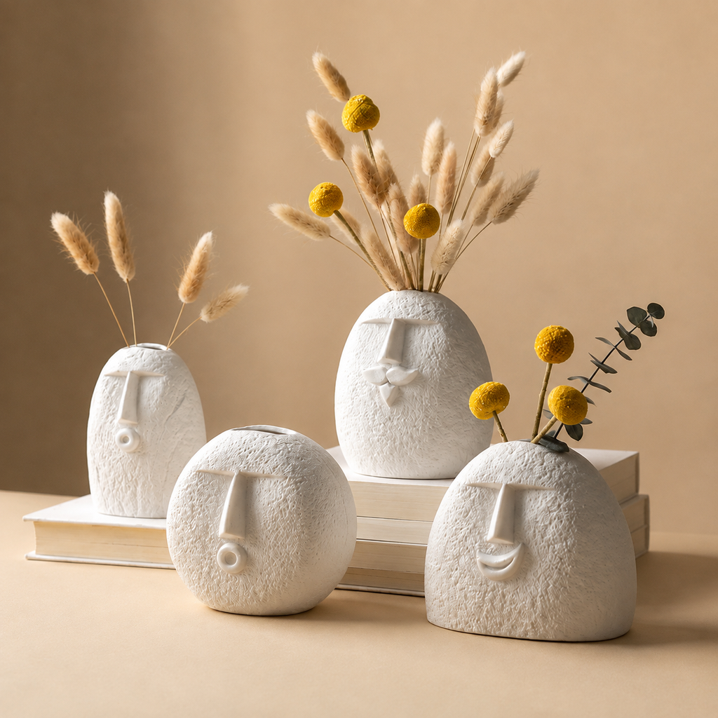 Abstract face vases with pampas grass and yellow flowers