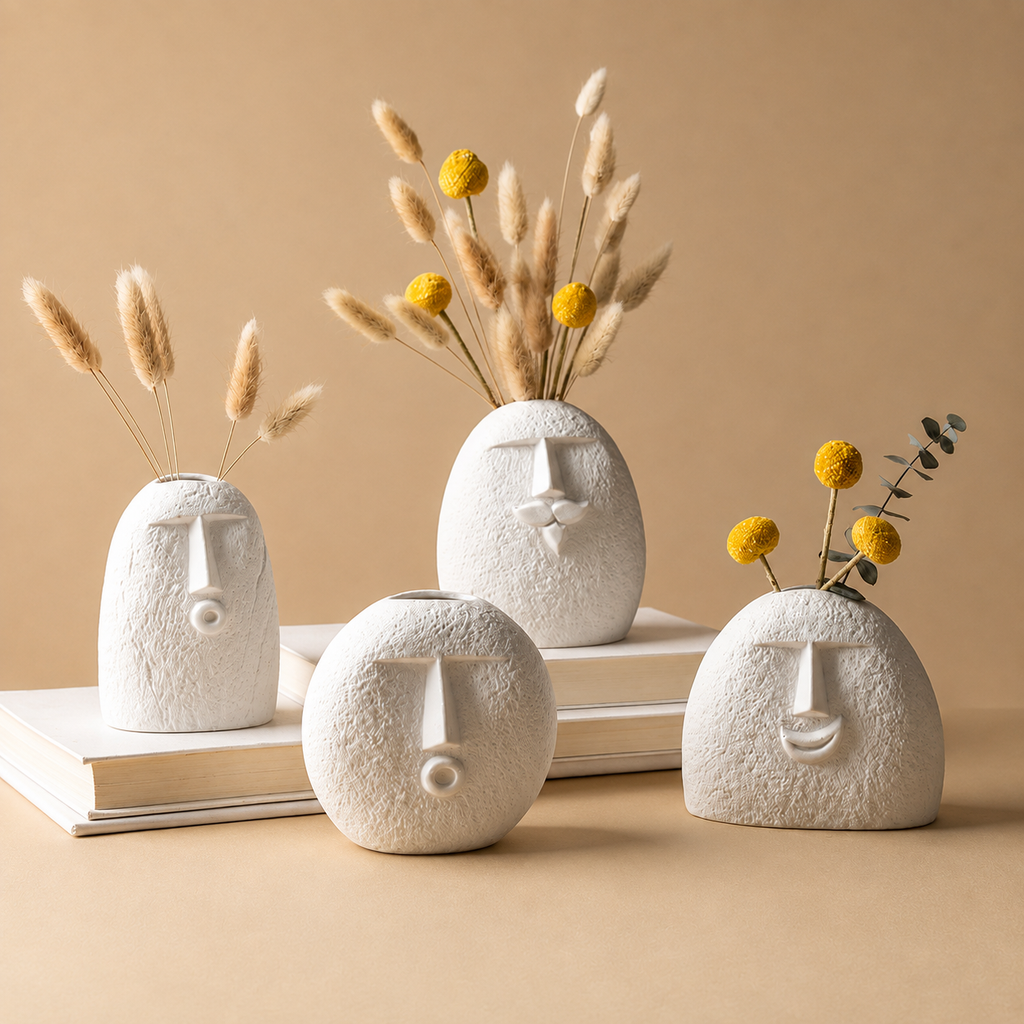 Abstract face vases with dried botanicals on white surface