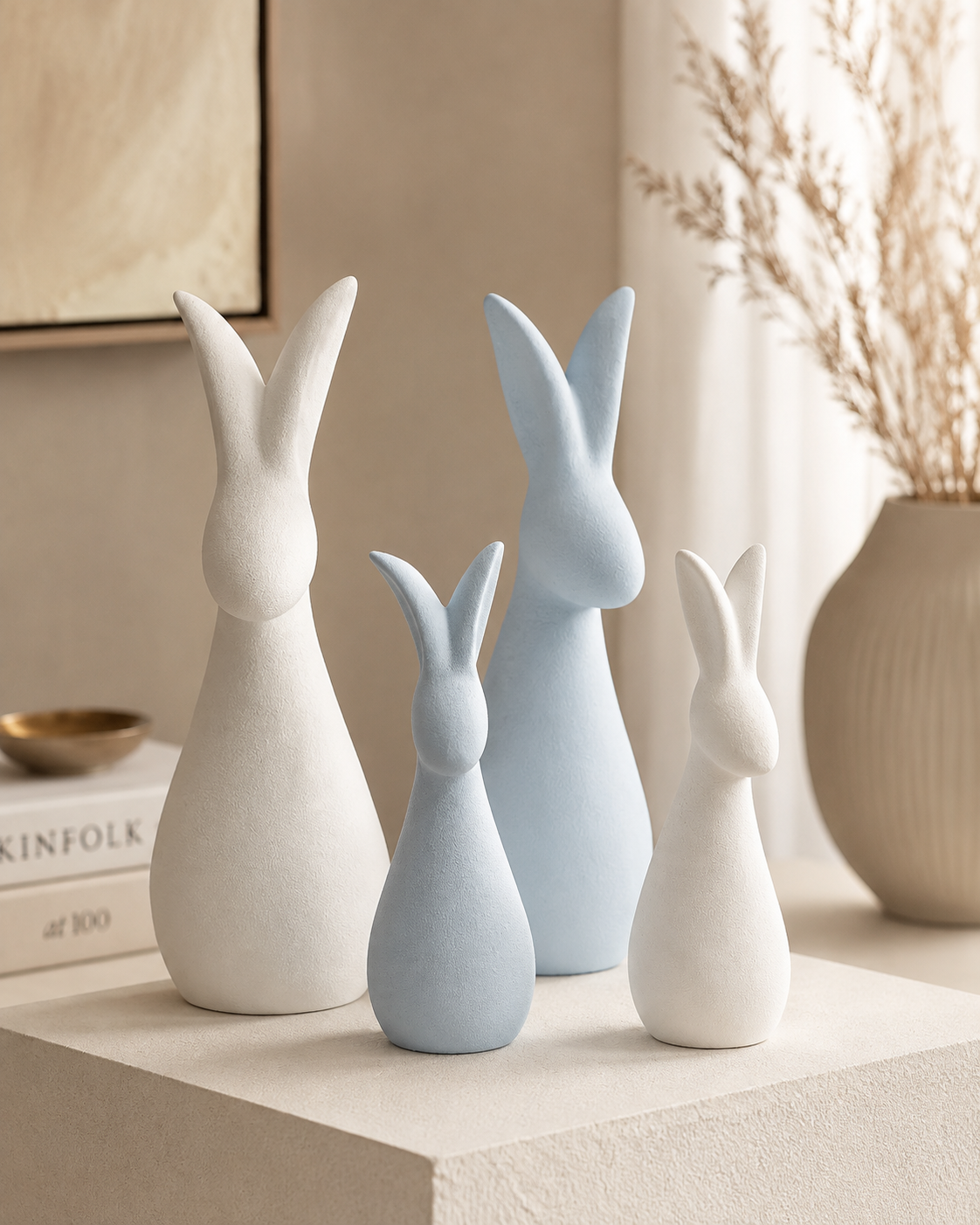 Set of four abstract rabbit sculptures in white and blue on beige shelf