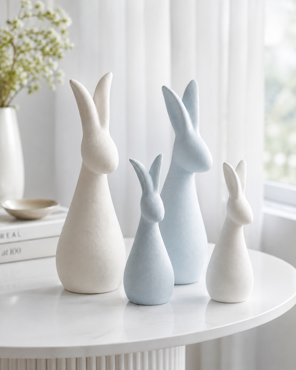 Abstract rabbit figurines on white round table with floral background