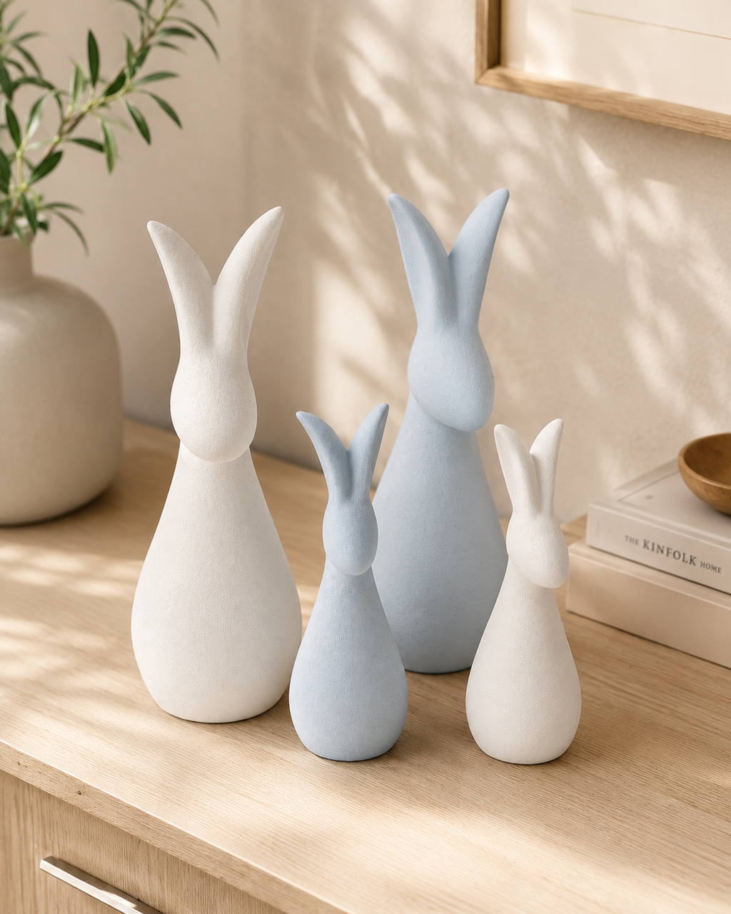 Four ceramic rabbit sculptures on wooden dresser with natural light