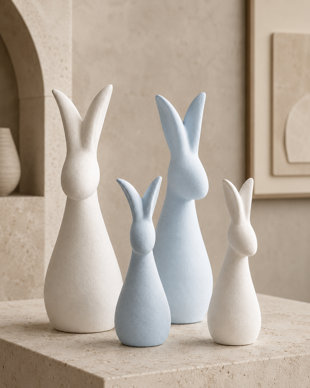 Abstract rabbit sculptures on stone surface in minimalist setting