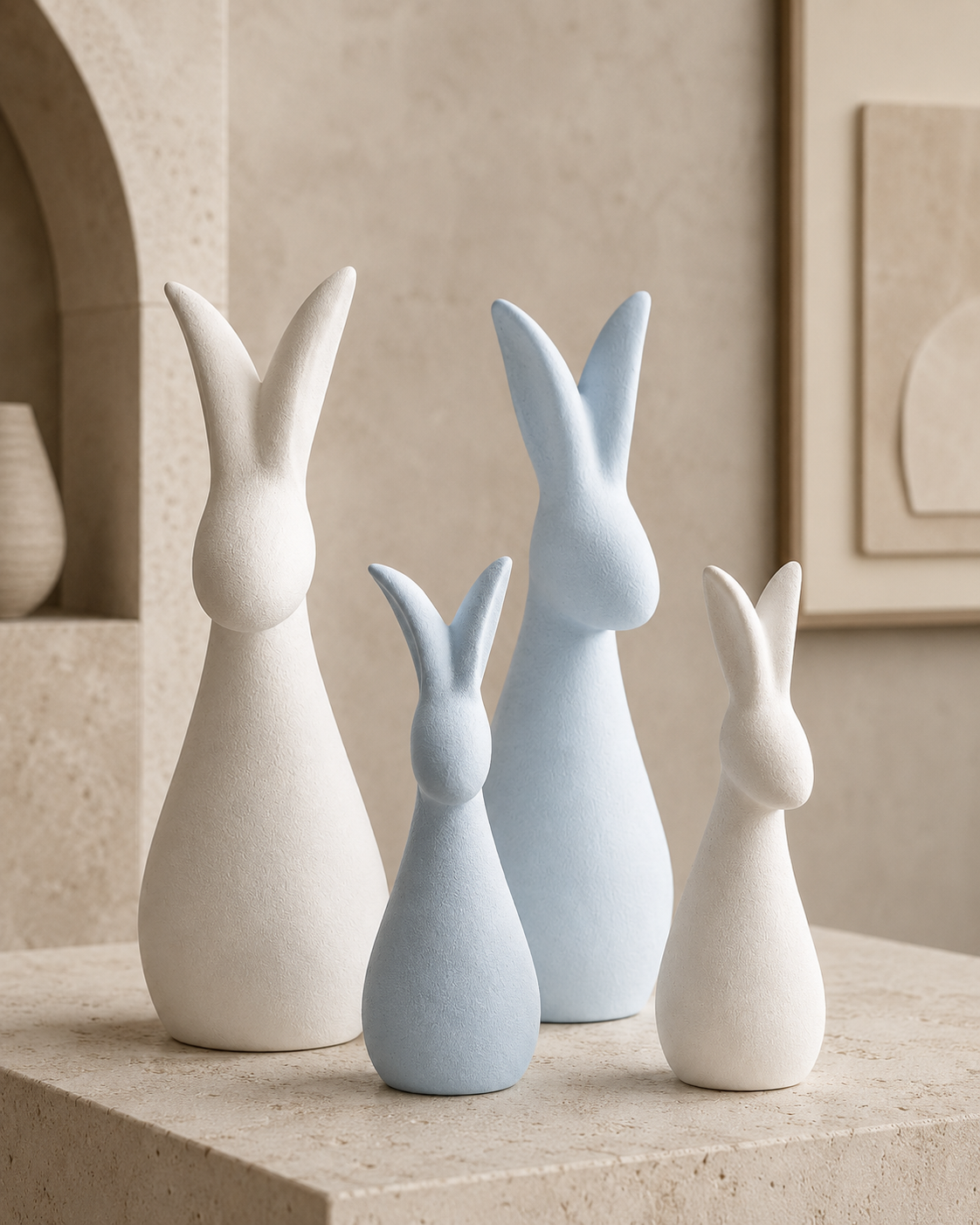 Abstract rabbit sculptures on stone surface in minimalist setting