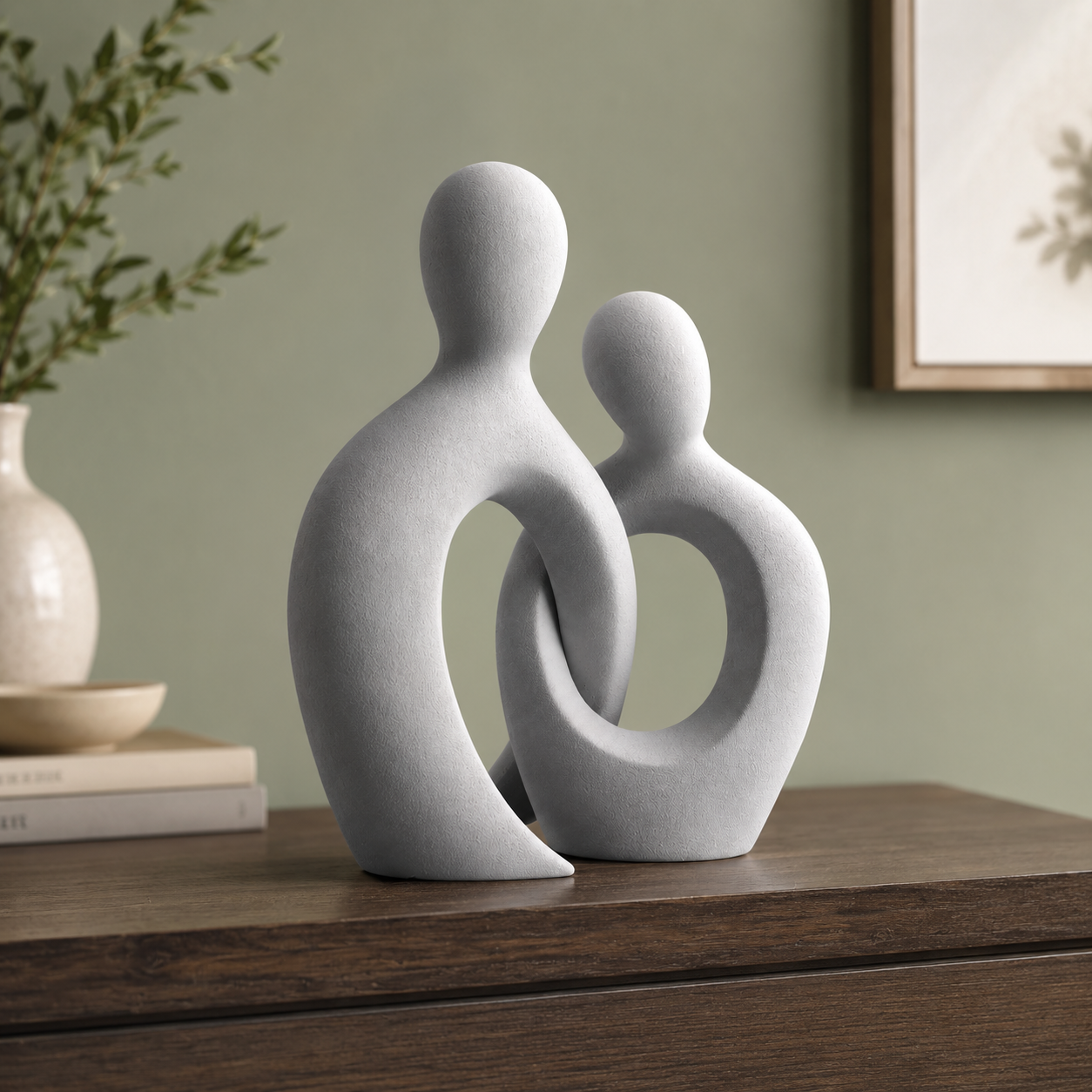 Abstract couple sculpture on stone pedestal