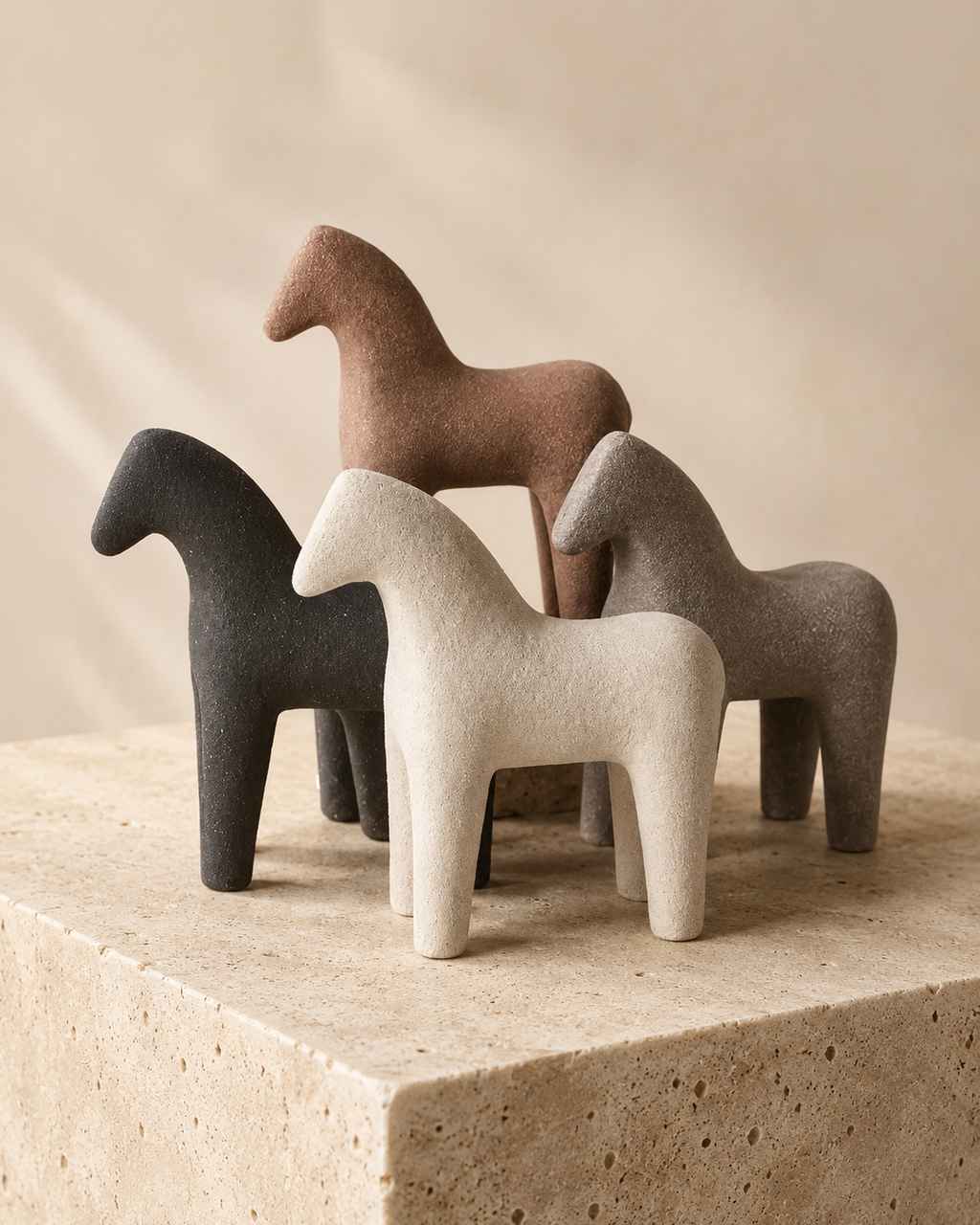 Set of four abstract horse sculptures in earthy tones on stone pedestal