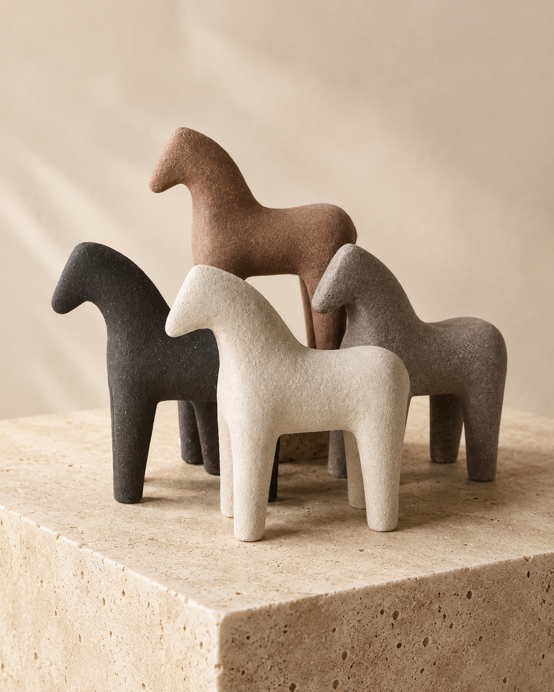 Set of four abstract horse sculptures in earthy tones on stone pedestal