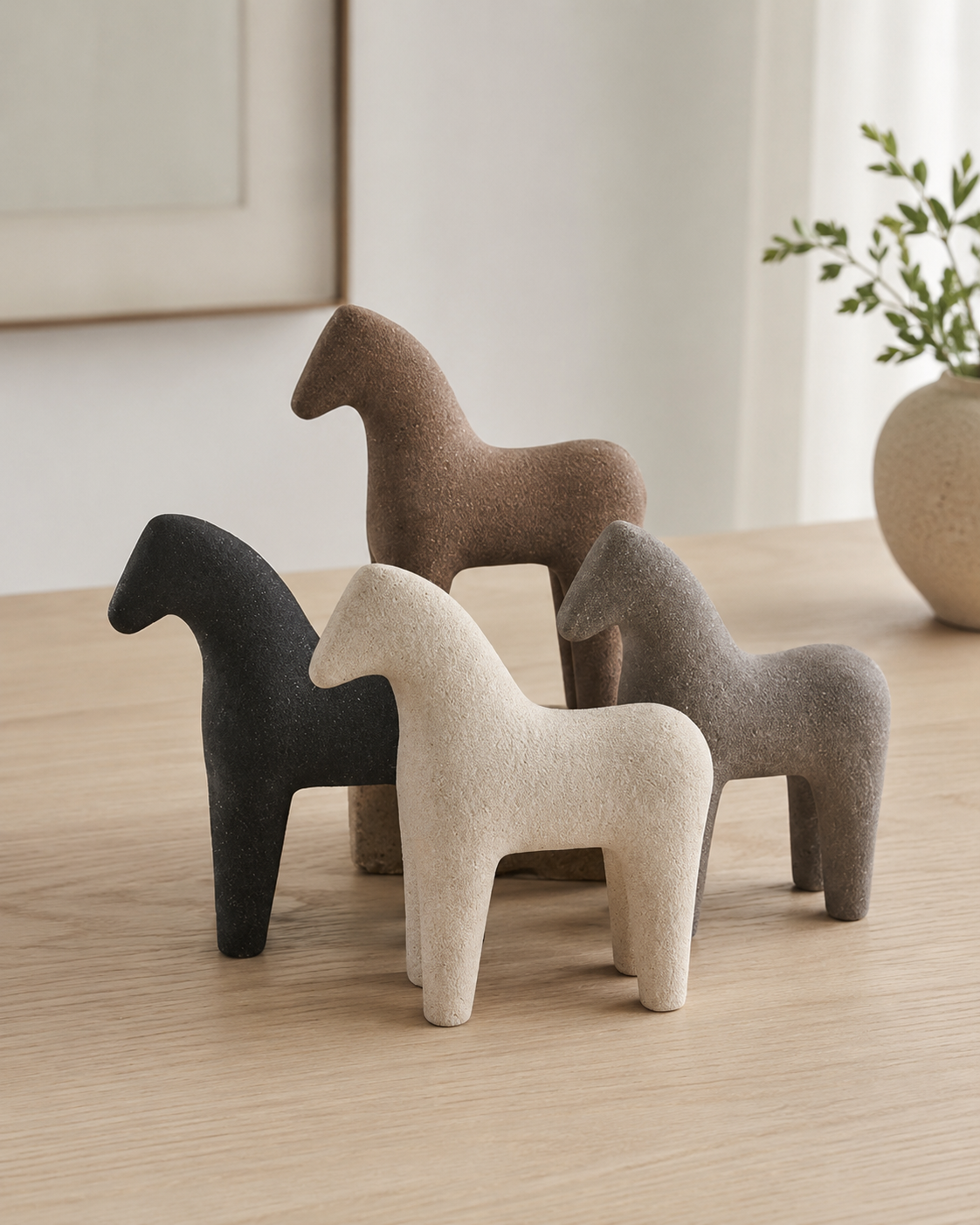 Abstract ceramic horse figurines in black, white, taupe and grey on travertine surface