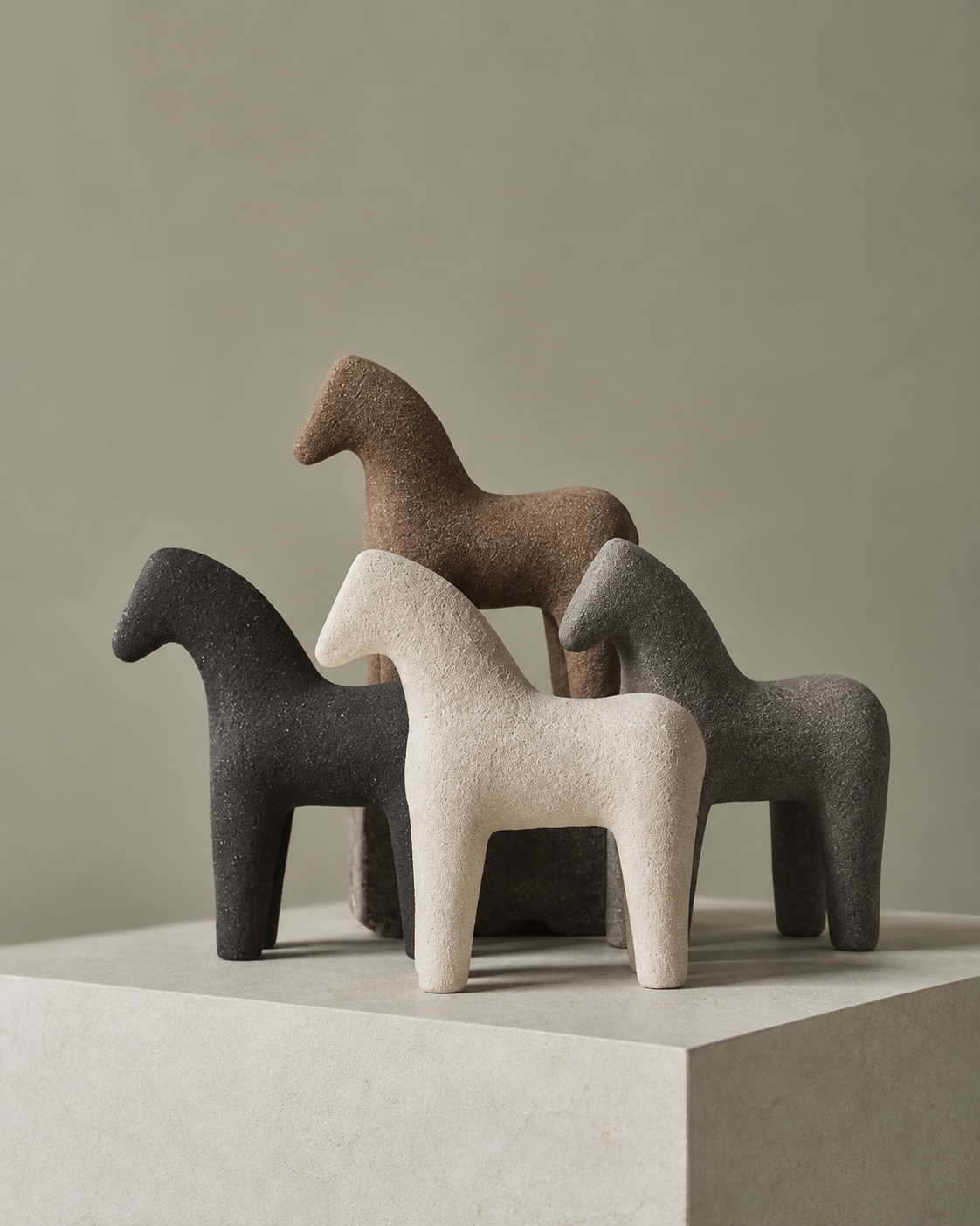 Four minimalist horse sculptures on wooden surface with natural light