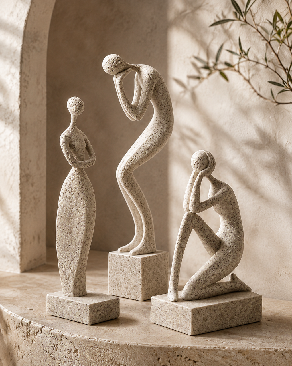 Abstract human sculptures on stone ledge in Mediterranean-style setting