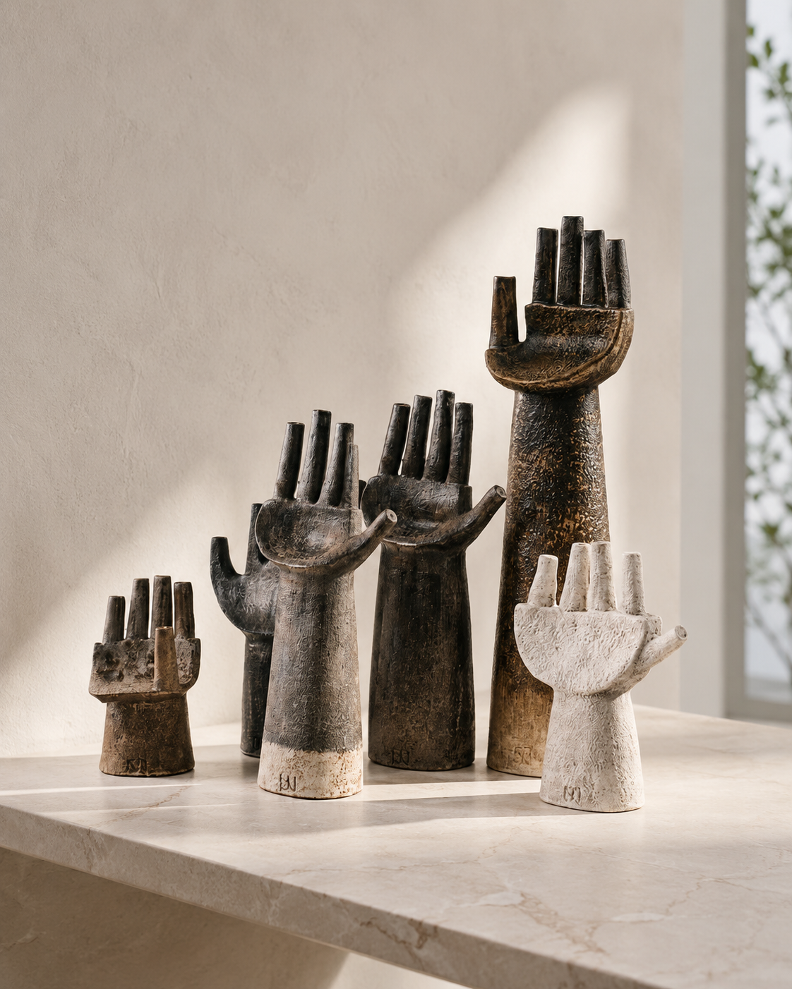 Abstract hand sculptures on marble surface with natural window light