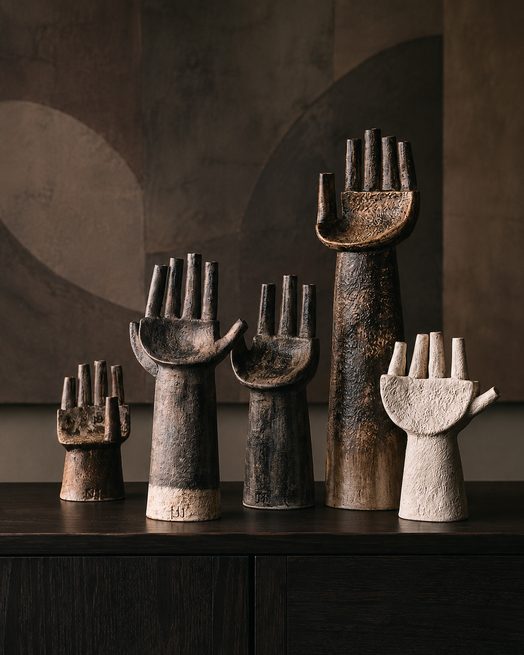 Five abstract hand figurines on dark wooden sideboard with abstract art background