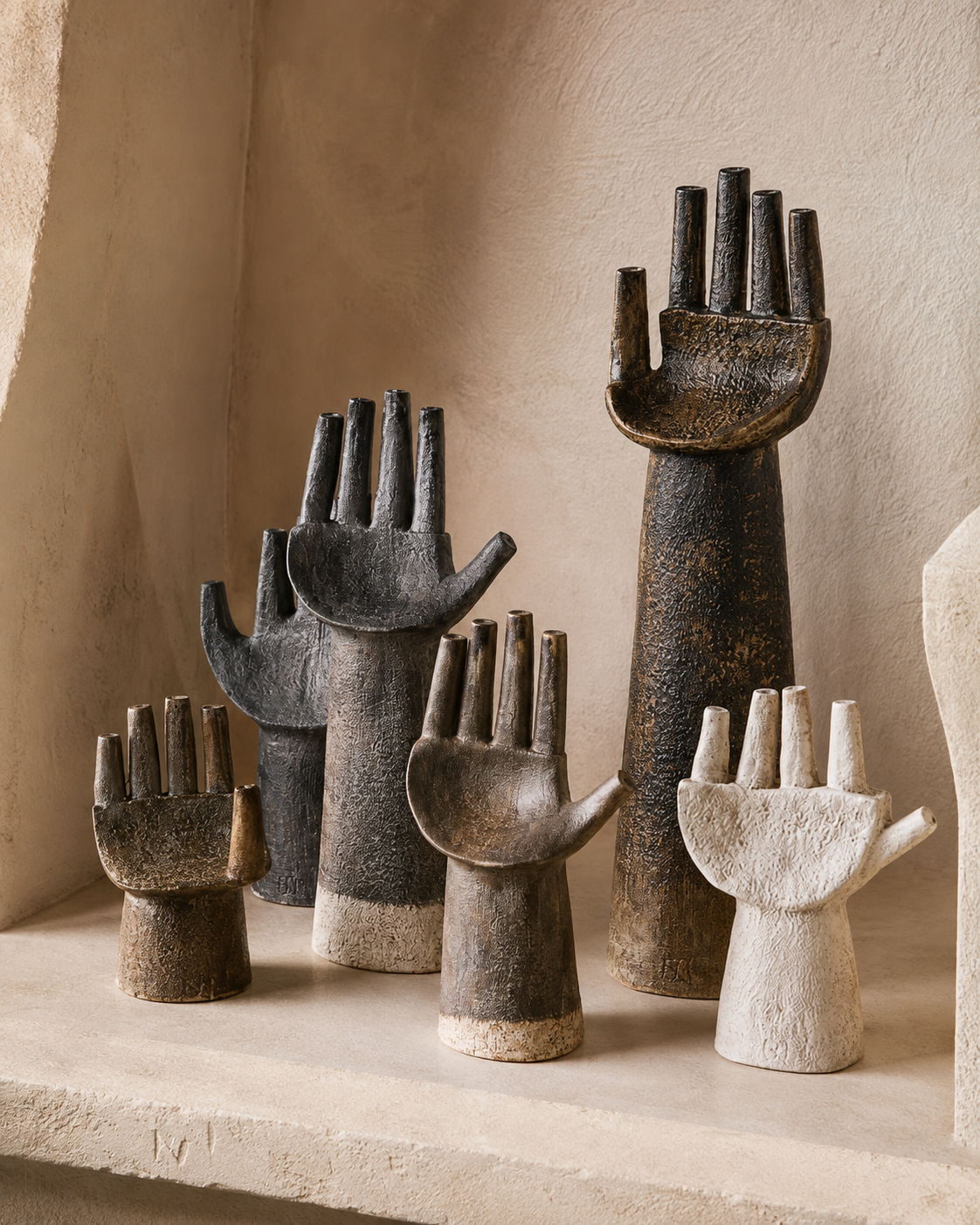 Abstract hand sculptures displayed on stone ledge in Mediterranean-style setting