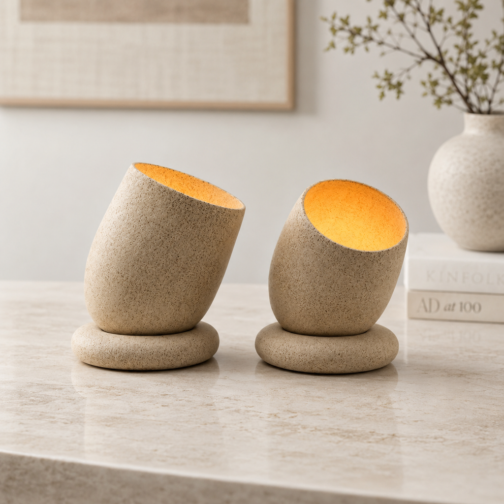 Two tilted ceramic tealight holders glowing on marble surface with vase in background