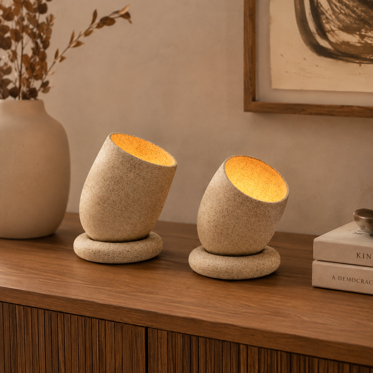 Ceramic tealight holders with warm amber glow on wooden sideboard