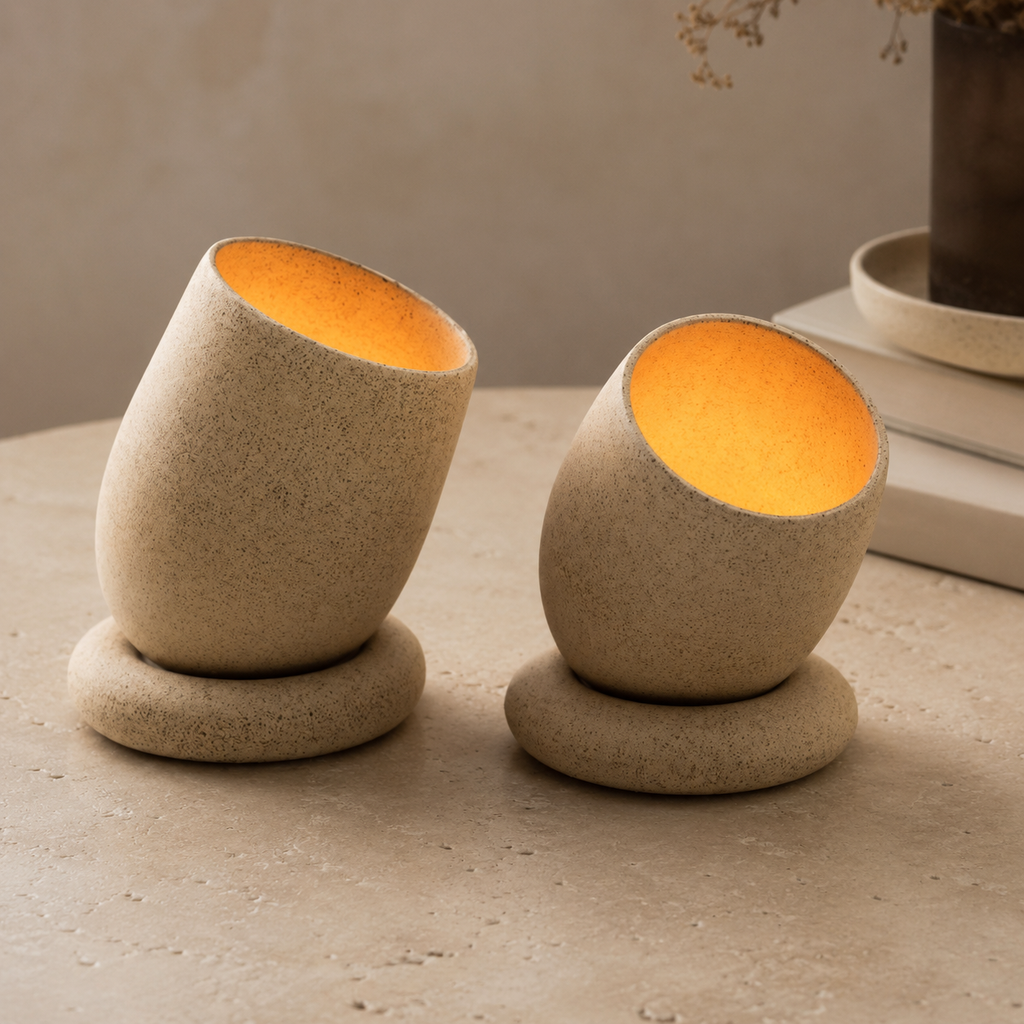 Pair of sandstone tealight holders on travertine surface with warm candlelight