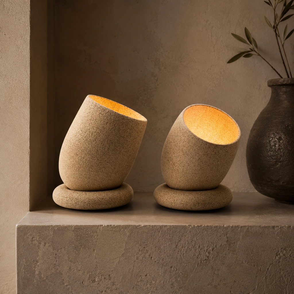 Tilted ceramic candle holders on stone shelf with dark ceramic vase