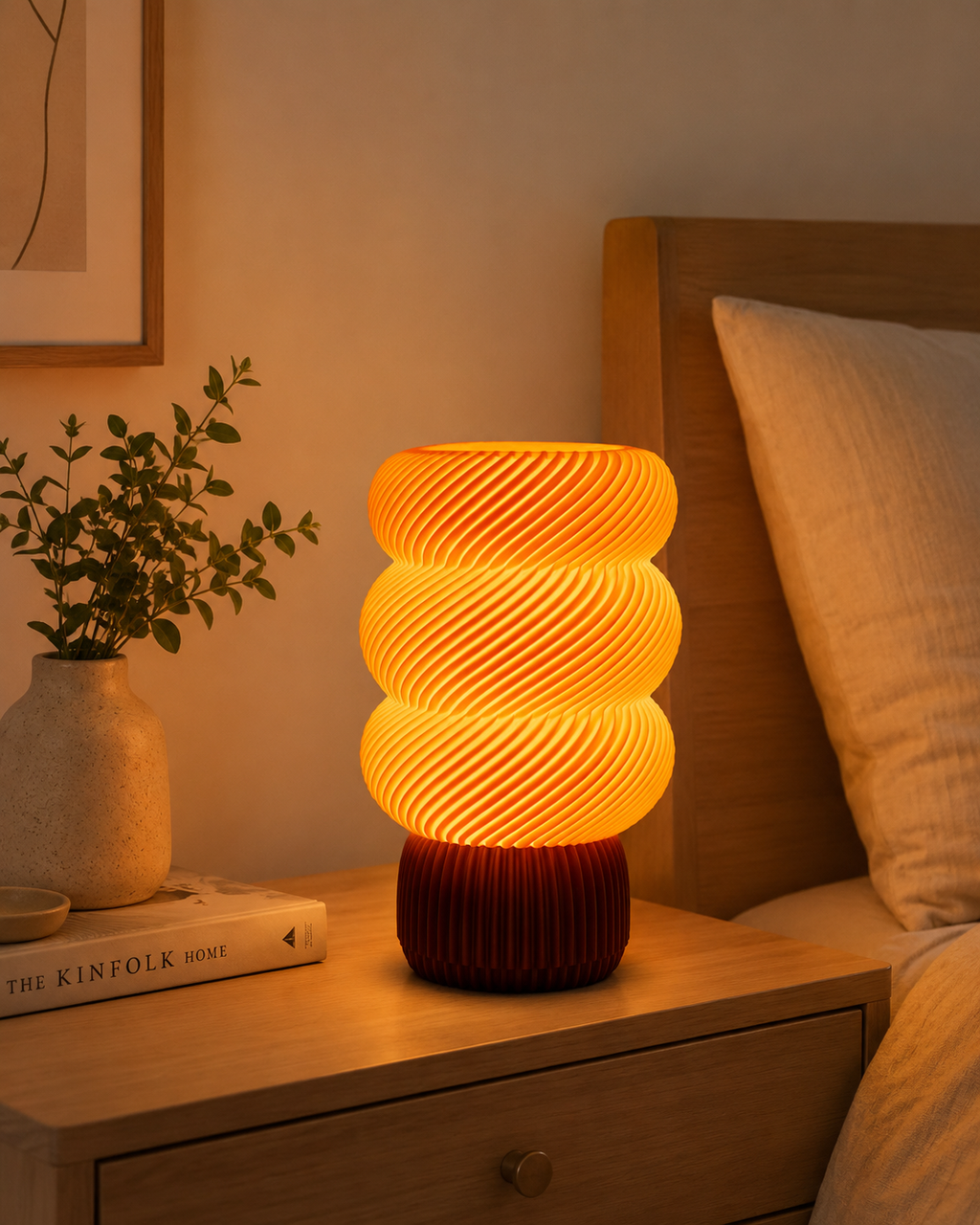 Spiral wave table lamp glowing amber on wooden bedside table