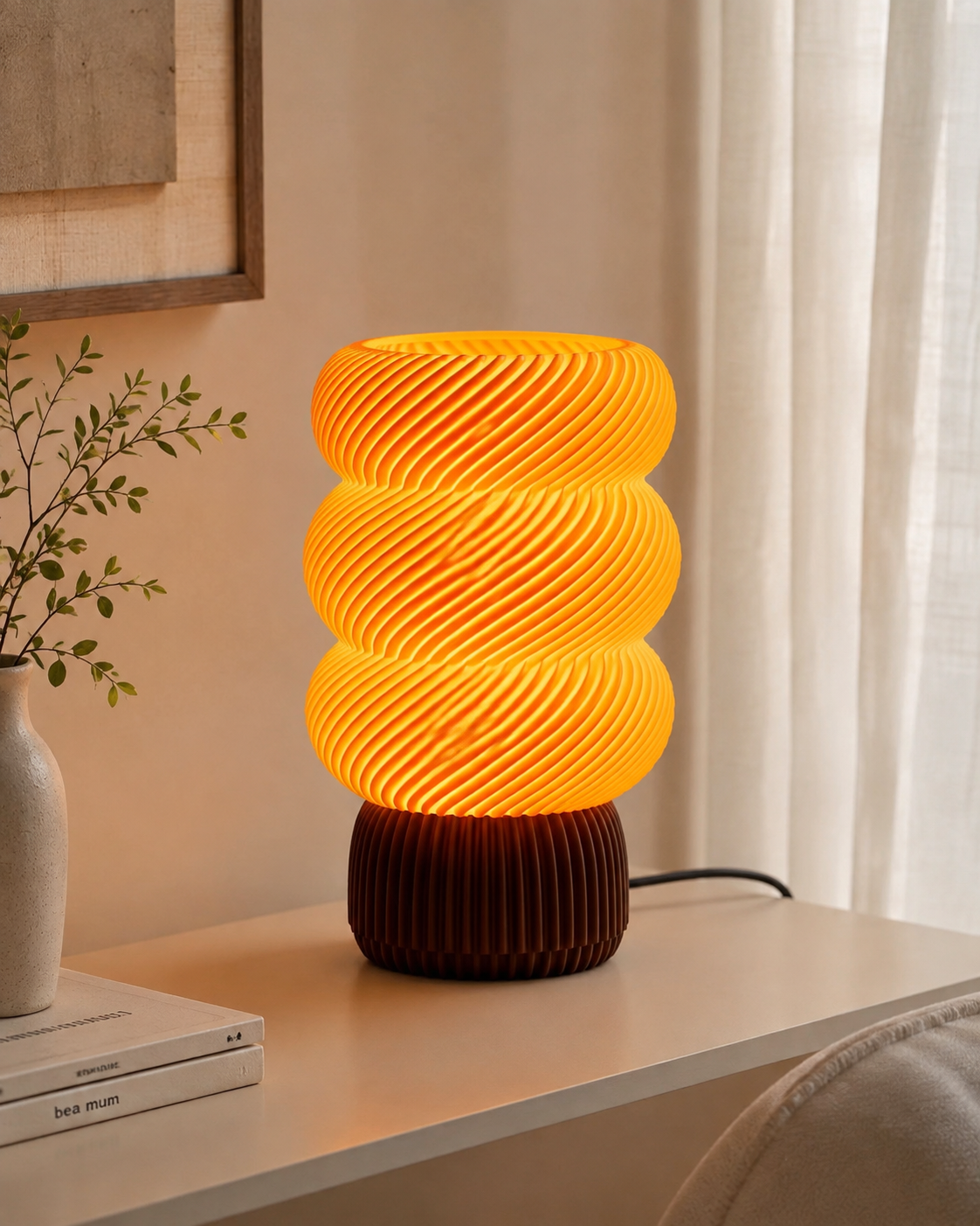 Spiral wave table lamp on white bedside table with warm evening light