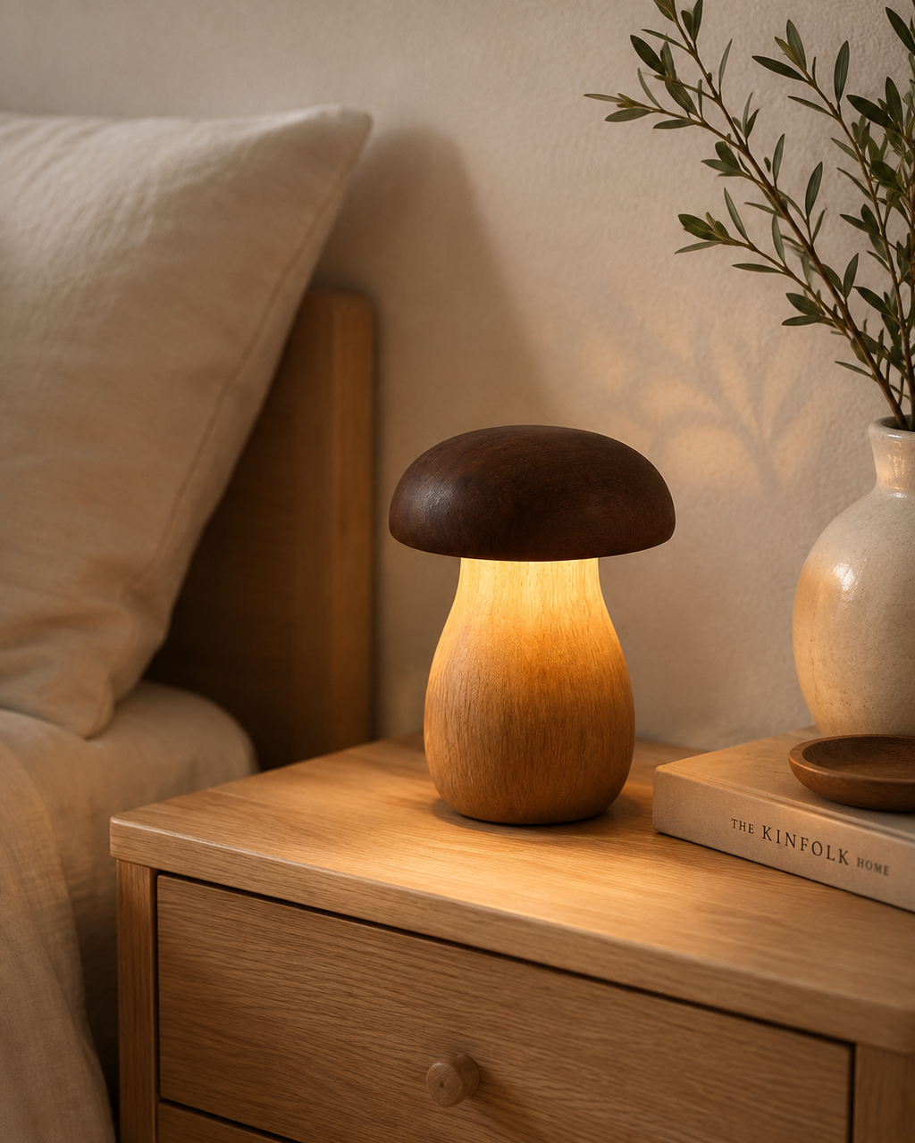 Wooden mushroom lamp glowing warm amber on oak bedside table