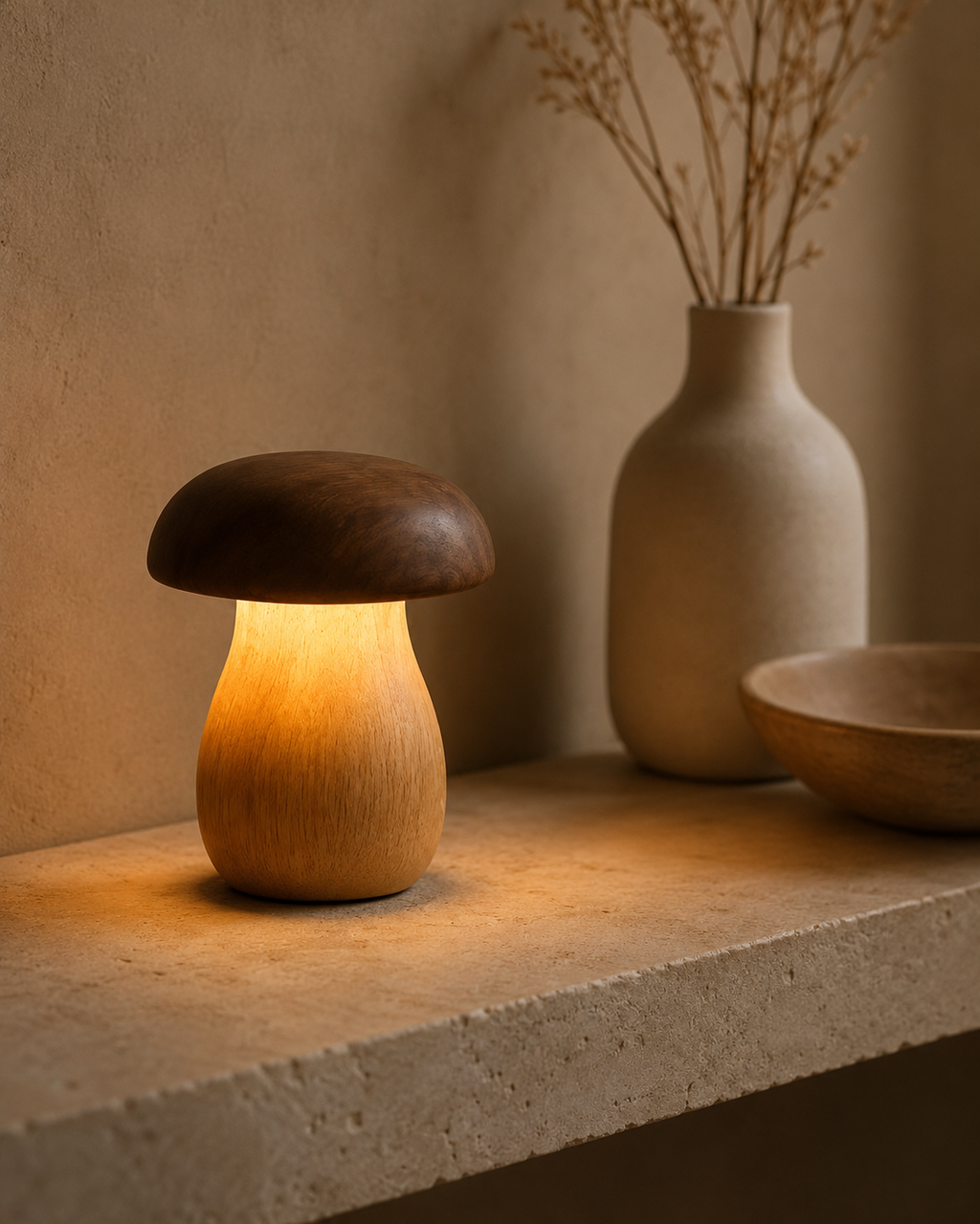 Mushroom table lamp on stone shelf with ceramic vases and dried botanicals