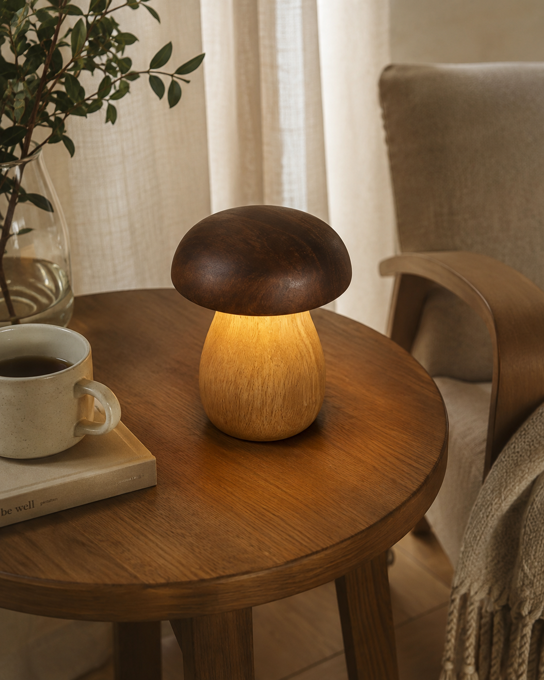 Wooden mushroom lamp on round walnut side table beside armchair with coffee
