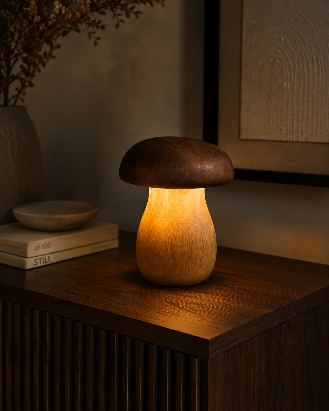Mushroom lamp glowing on dark ribbed wooden sideboard in moody evening setting