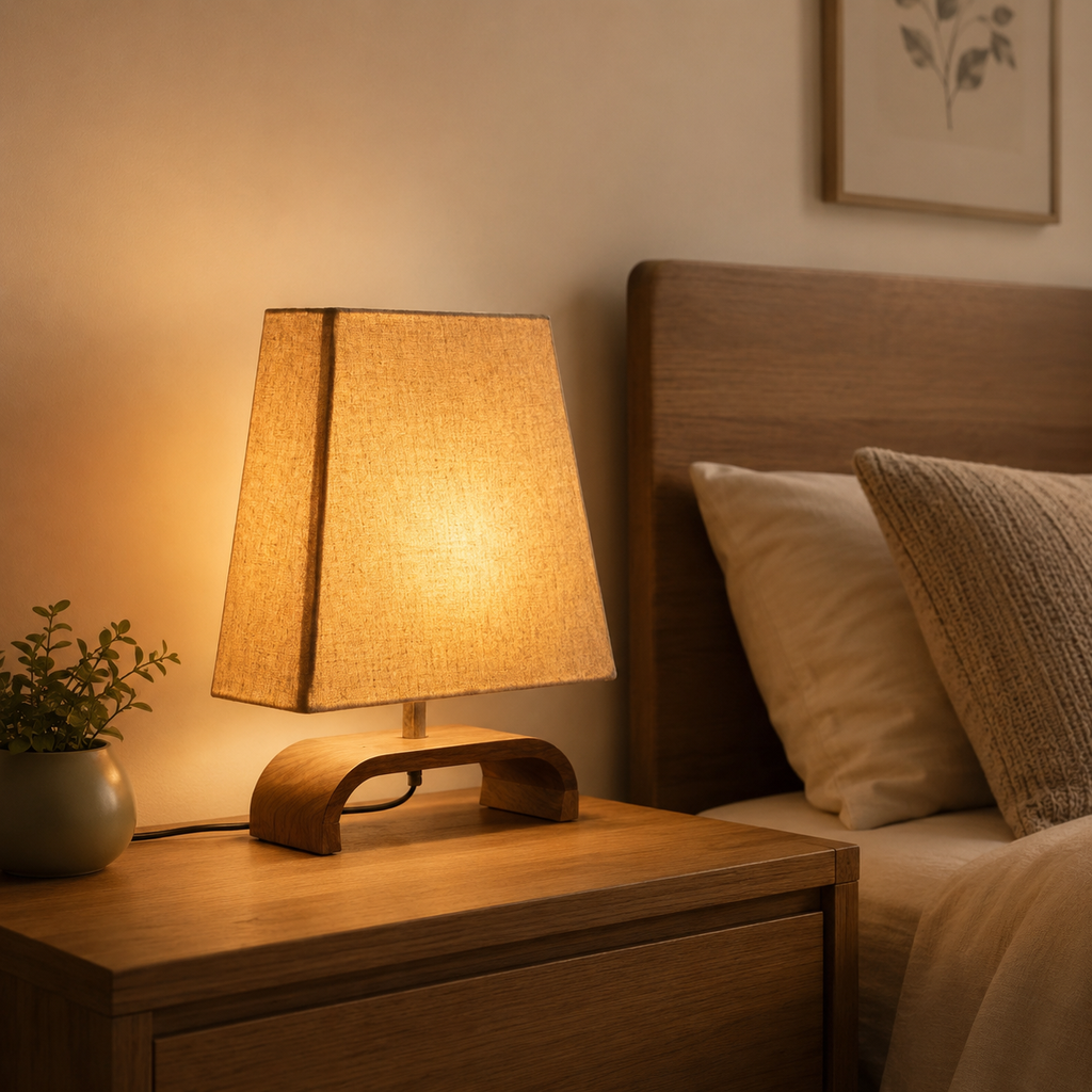 Linen shade table lamp glowing warm on oak bedside table beside bed