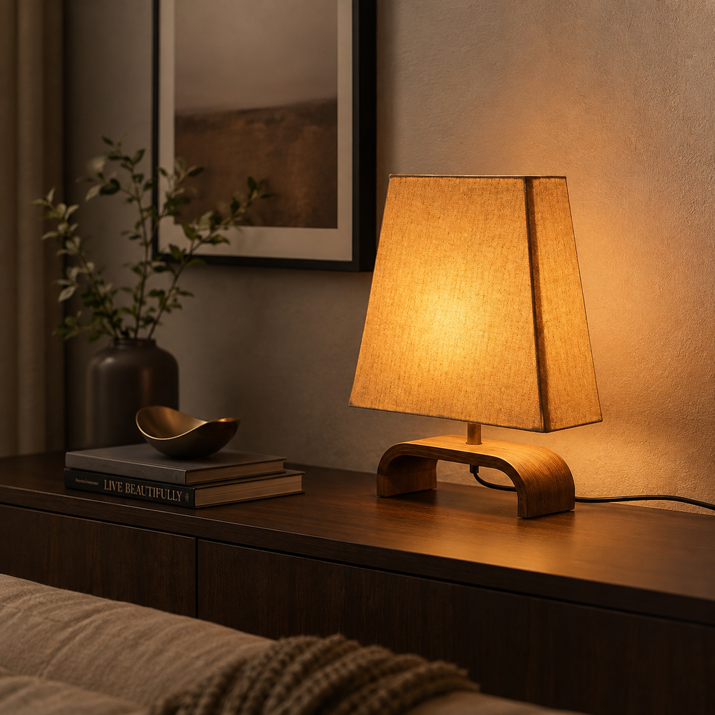Linen lamp with wooden arch base on dark sideboard with books and decor