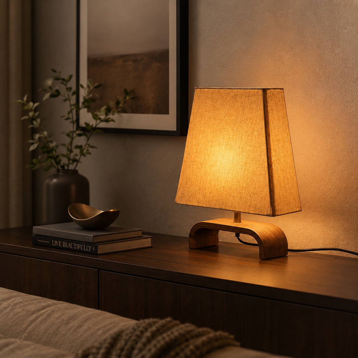 Linen lamp with wooden arch base on dark sideboard with books and decor
