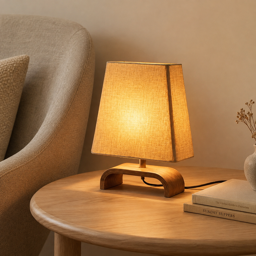 Warm linen shade lamp on round oak side table beside armchair