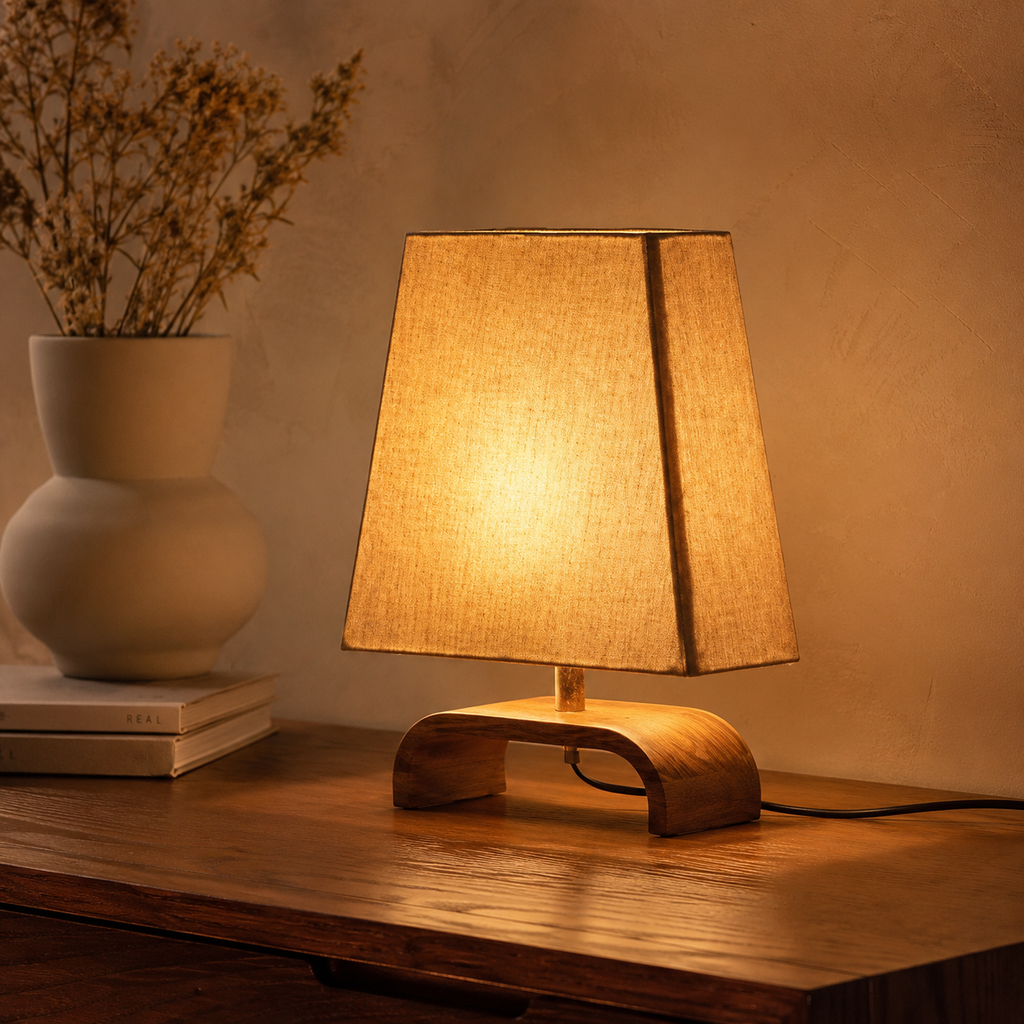 Linen table lamp on wooden console with dried flowers and ceramic vase