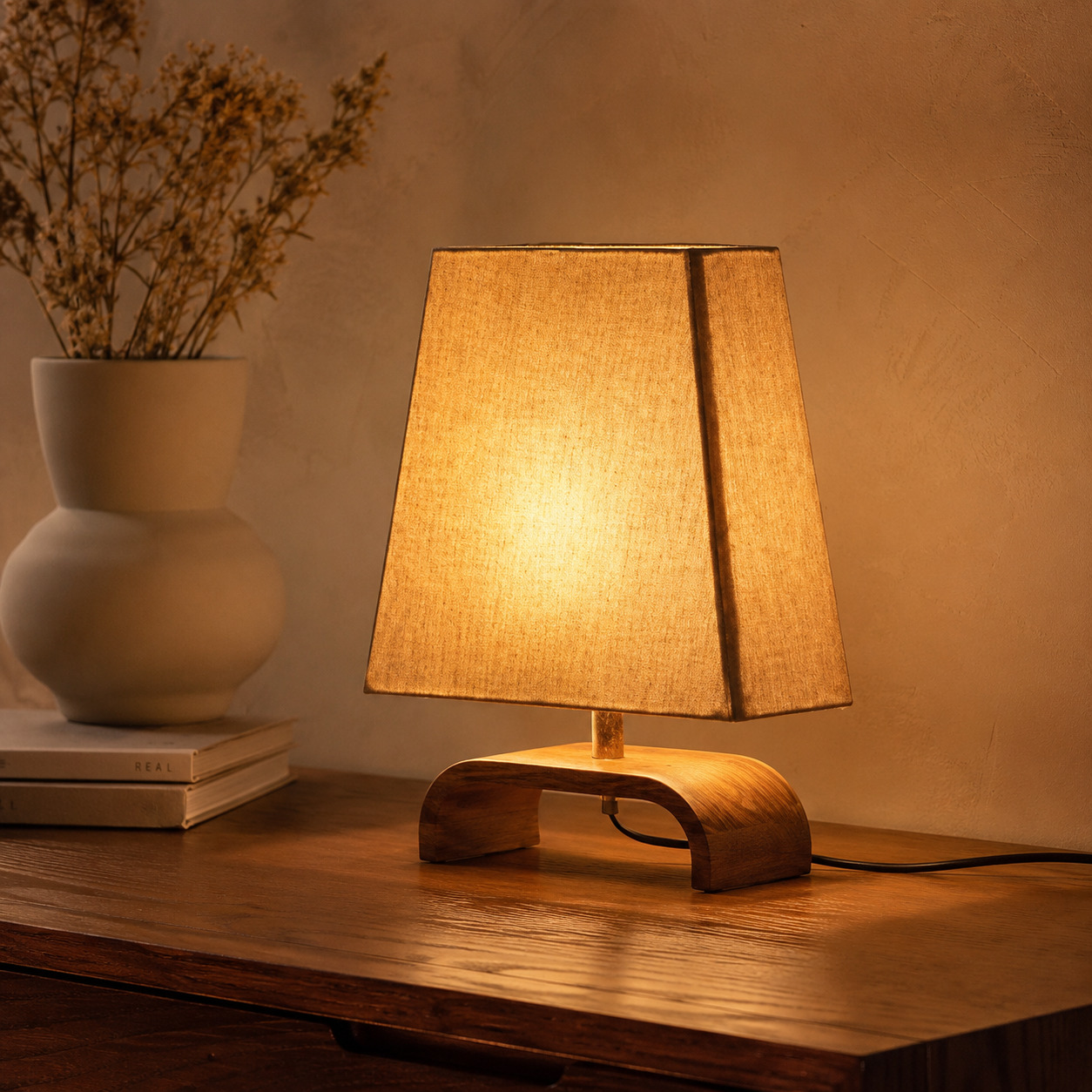 Linen table lamp on wooden console with dried flowers and ceramic vase