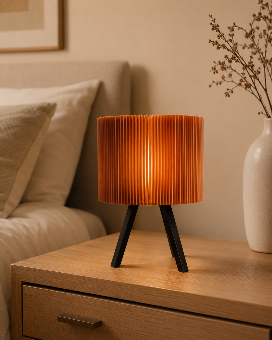 Pleated drum tripod lamp glowing amber on oak bedside table beside bed