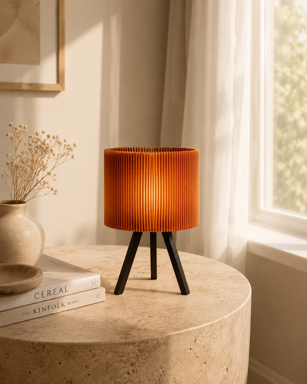 Pleated tripod table lamp on round travertine table with dried flowers by window