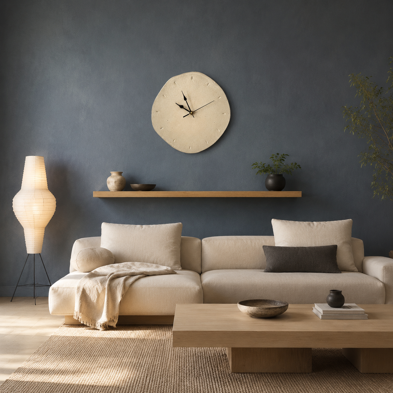 Handmade beige stone wall clock in Japandi living room above console with sofa
