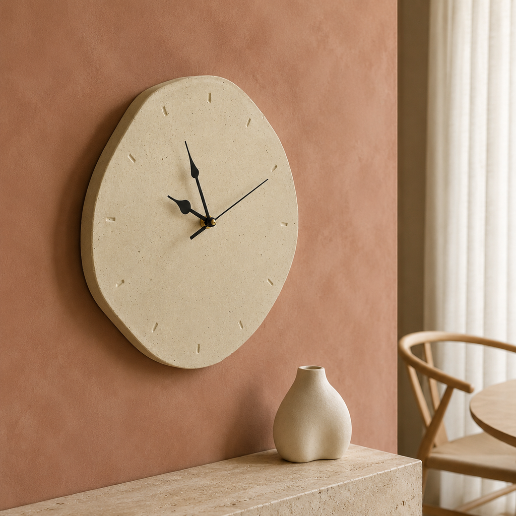 Handmade beige stone wall clock in terracotta nook with small ceramic vase