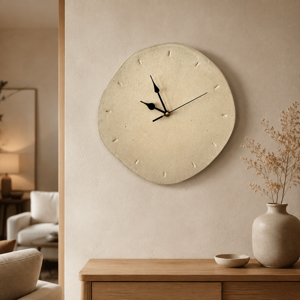Handmade beige stone wall clock in warm Japandi living room with dried botanicals