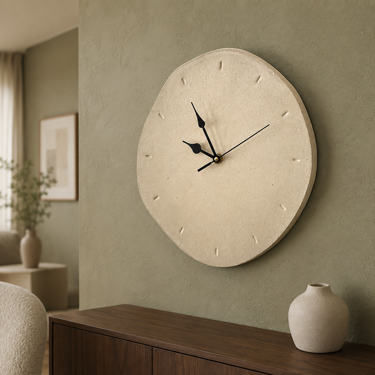 Handmade beige stone wall clock against sage green wall with ceramic vase