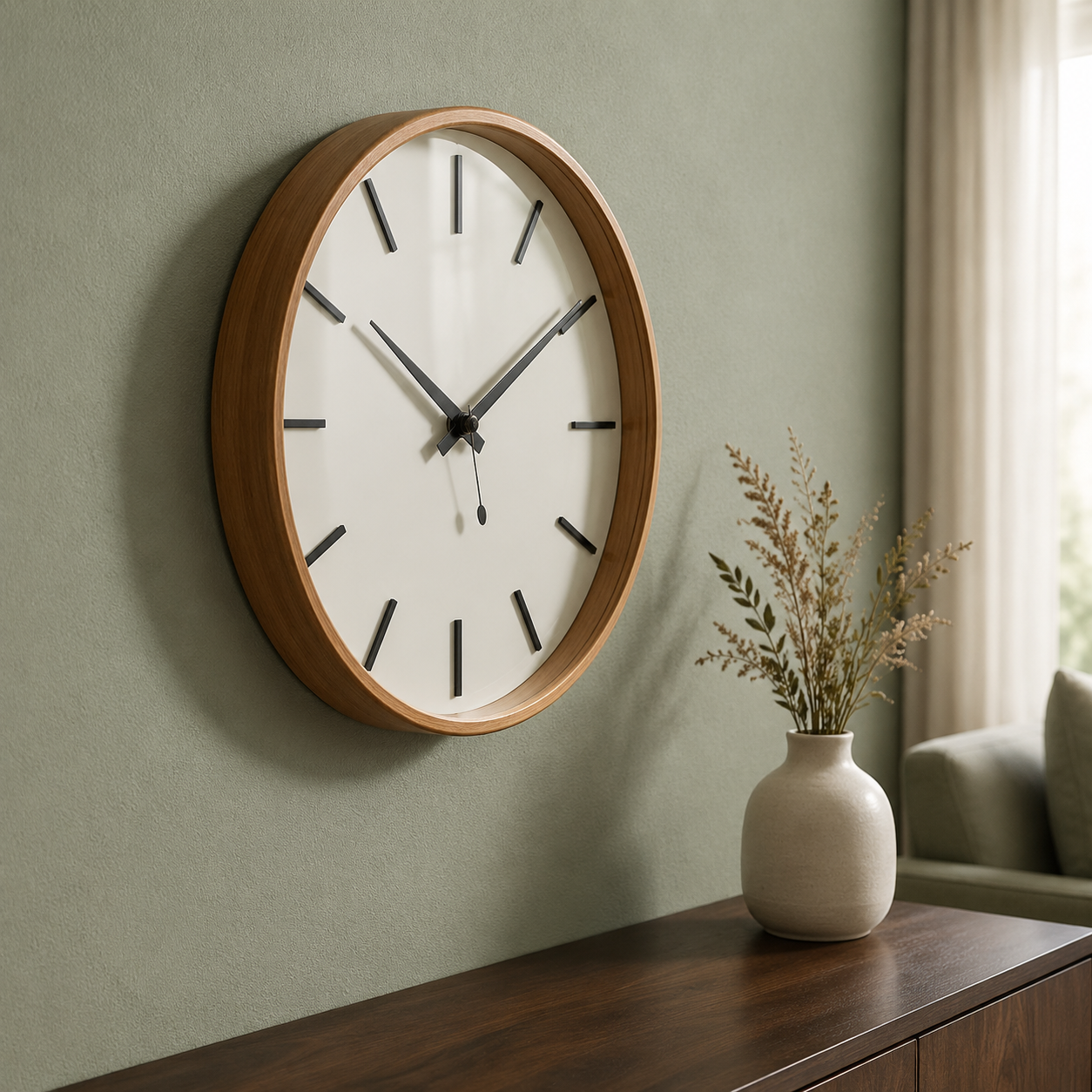 Wooden wall clock in sage green living room setting