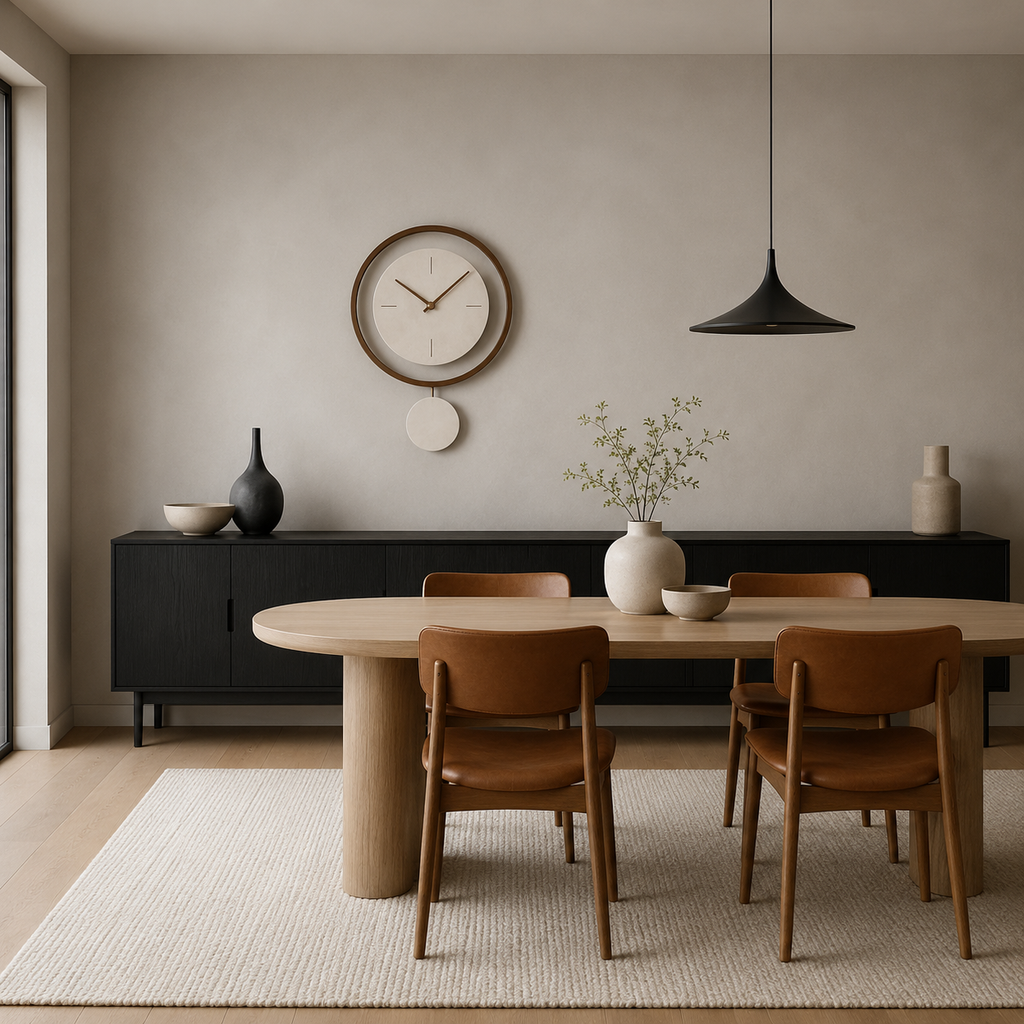 Walnut ring pendulum wall clock above modern sideboard in neutral dining room
