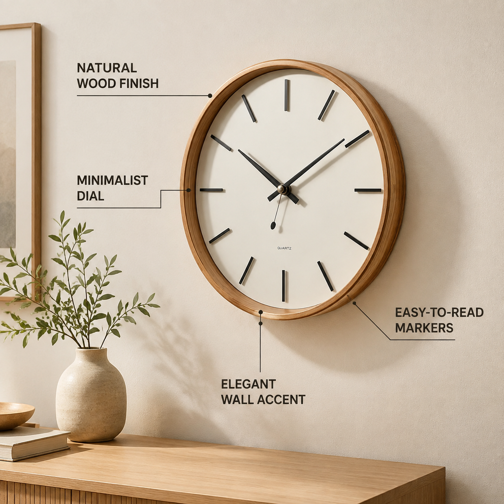 Natural wood wall clock with feature callouts - Natural Wood Finish, Minimalist Dial, Easy-to-Read Markers