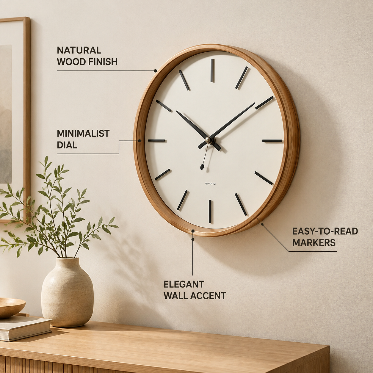 Natural wood wall clock with feature callouts - Natural Wood Finish, Minimalist Dial, Easy-to-Read Markers