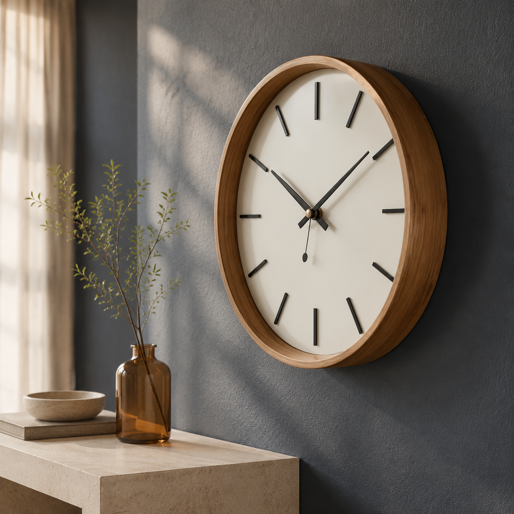 Wooden wall clock against dark grey modern interior wall