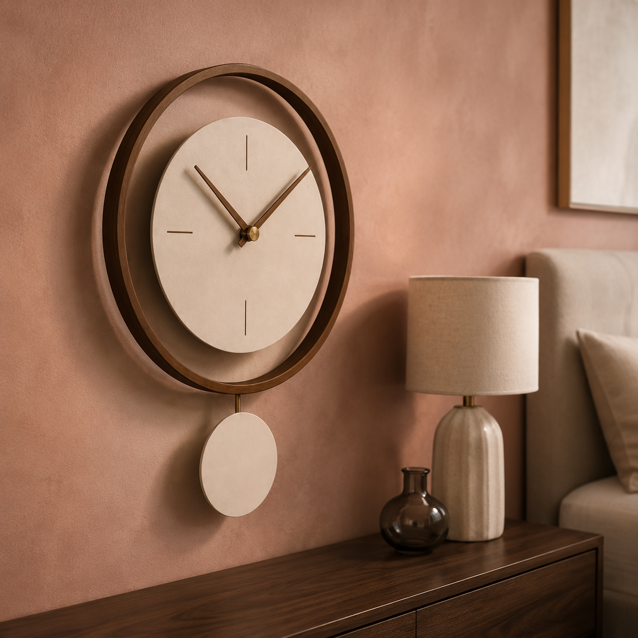 Walnut ring pendulum wall clock in dusty rose bedroom with ceramic lamp and vases