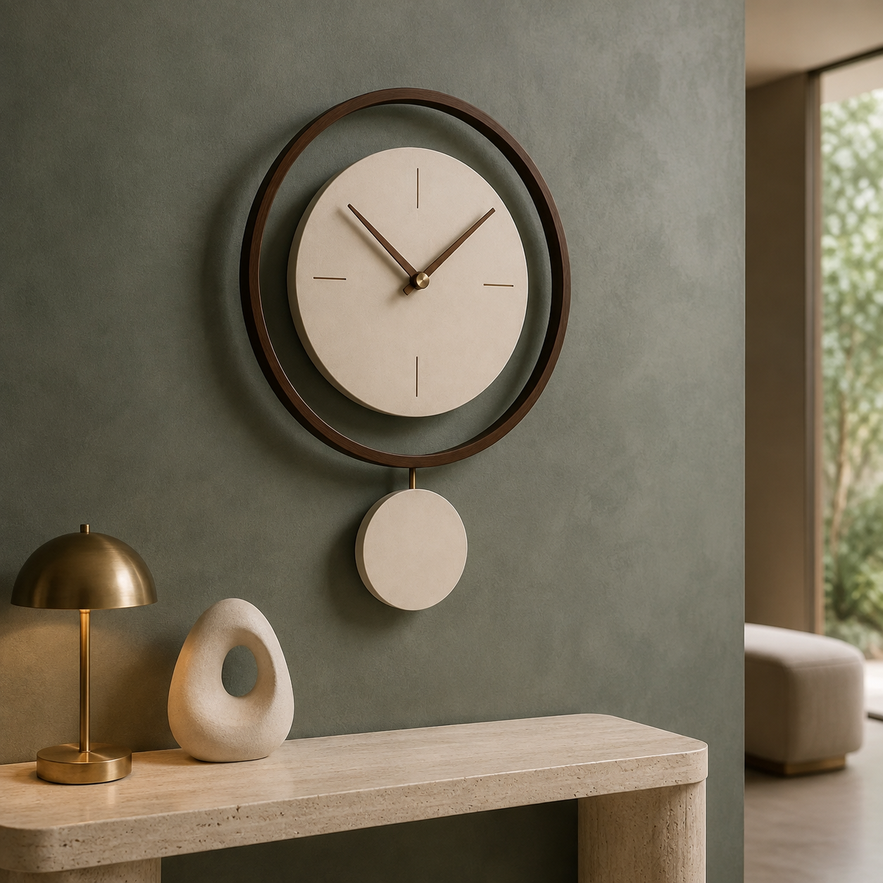 Walnut ring pendulum wall clock in premium sage green entryway above travertine console