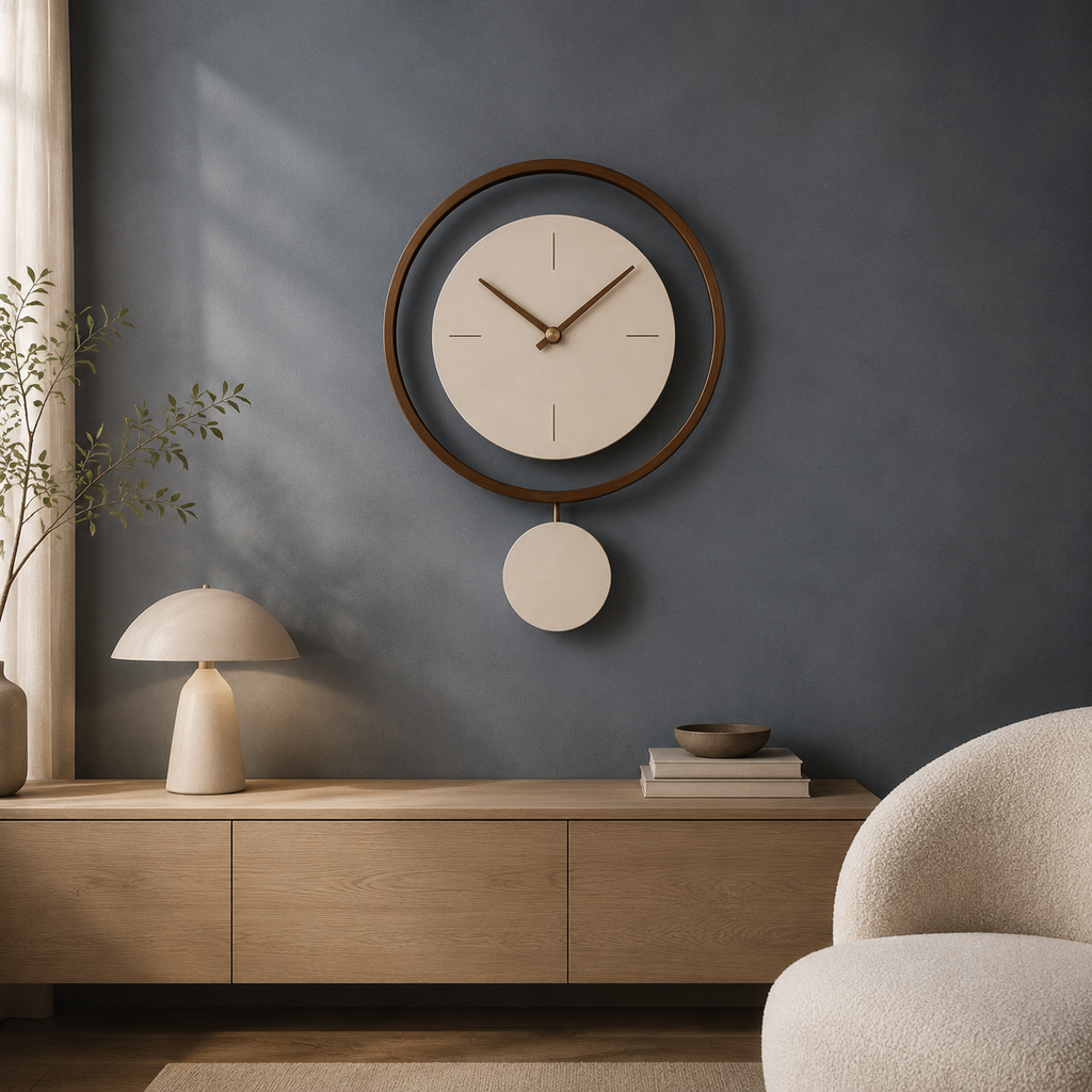 Walnut ring pendulum wall clock against blue-grey wall in Japandi living room