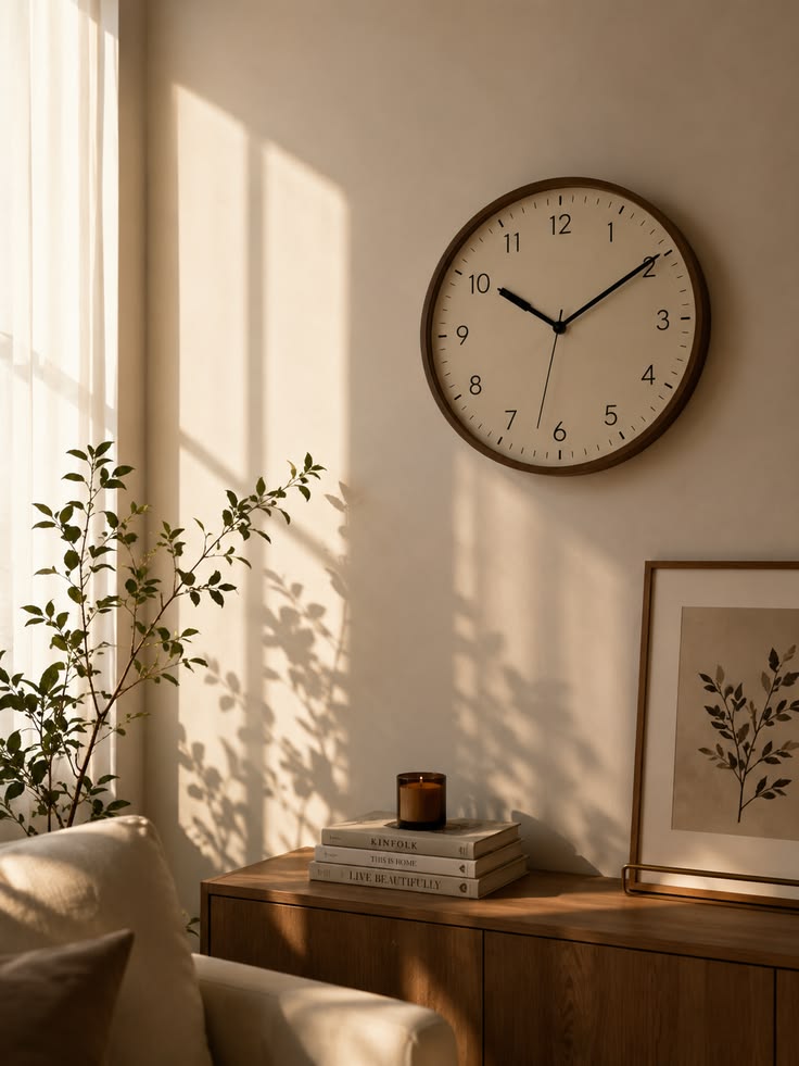 Minimalist wooden wall clock in warm living room setting